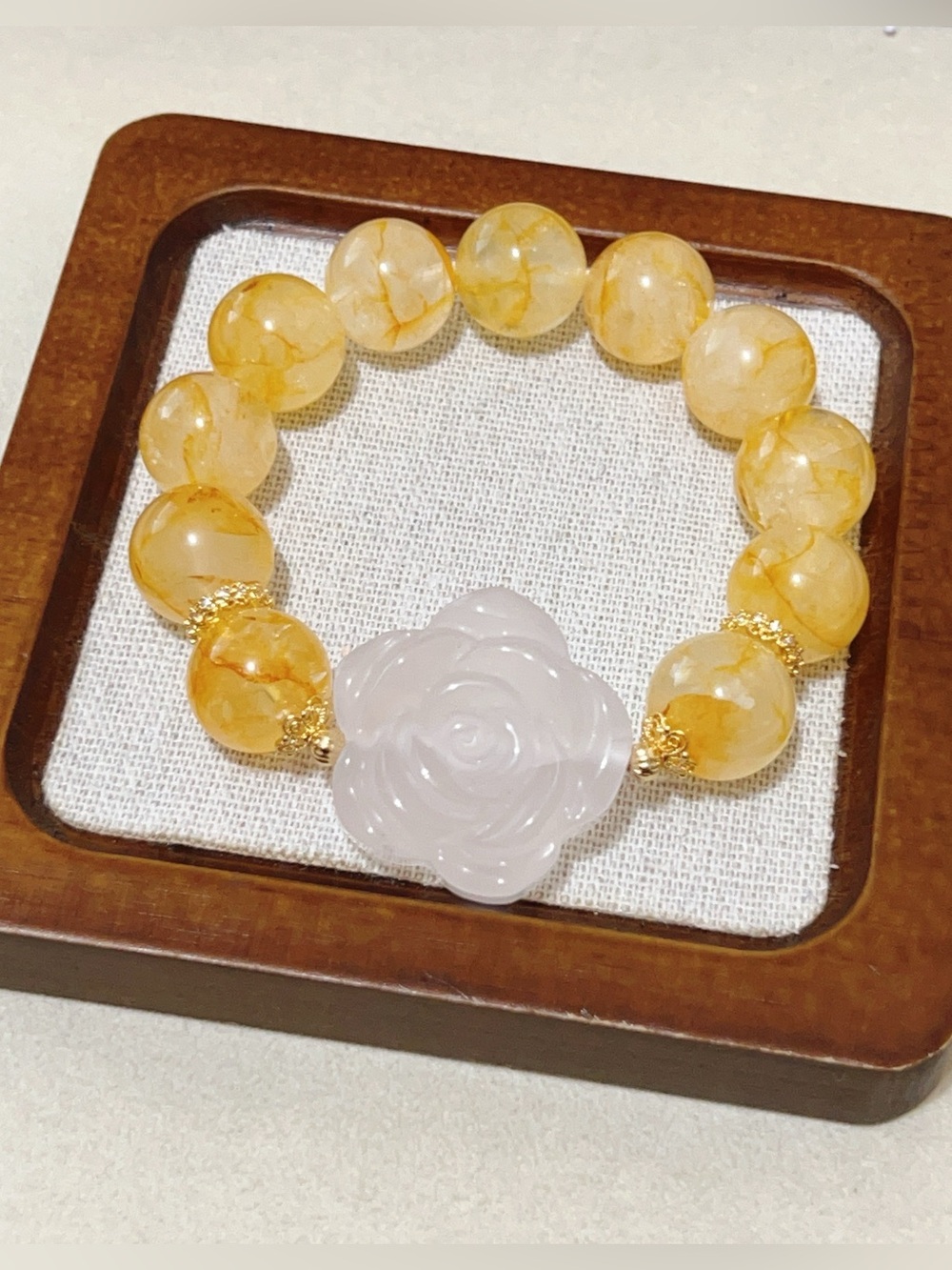 Large Bead Yellow Garden Quartz bread with Rose Quartz Rose Charm Bracelet 15mm